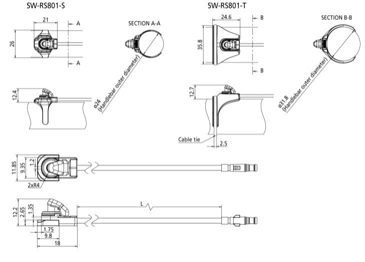Satelitten-Schalter Di2 SW-RS801 / Schwarz / Lenker-Montage, 24mm Ø, Kabel 100 mm, 6 g