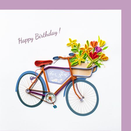 Paper Quilling Karte Fahrrad Happy Birthday / violett