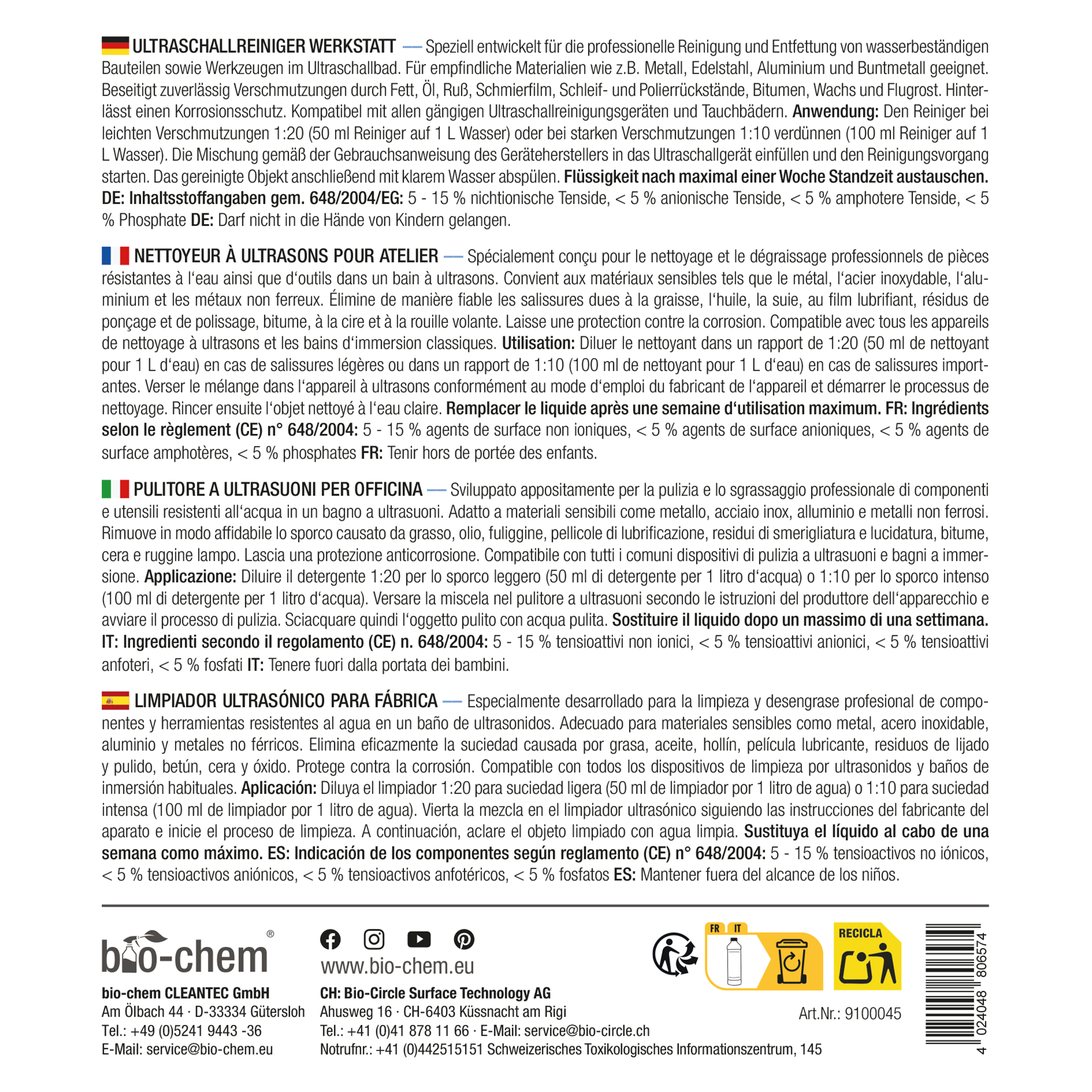 Bio-Chem Ultraschallreiniger Werkstatt / Flasche, 1000 ml