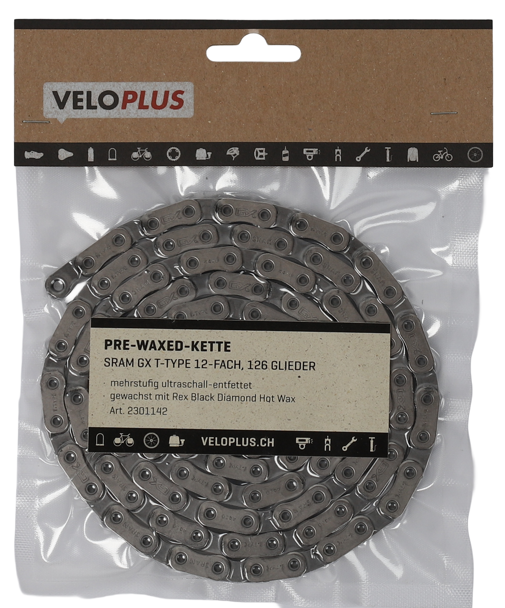 PRE-WAXED-KETTE / silber / Sram GX Transmission T-Type 12fach, 126 Glieder