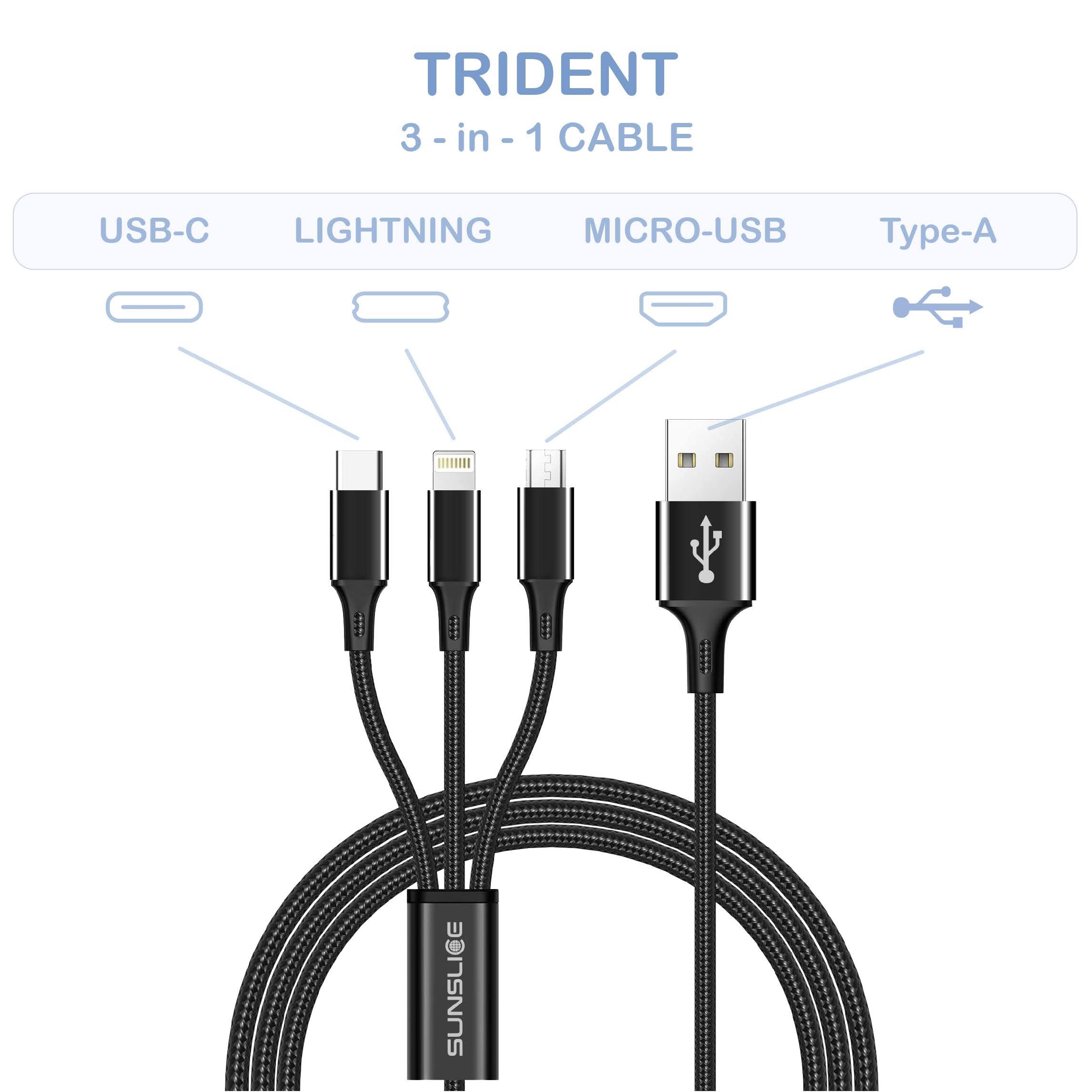TRIDENT Ladegabel / black / 1m, USB-C, Micro-USB, Lightning