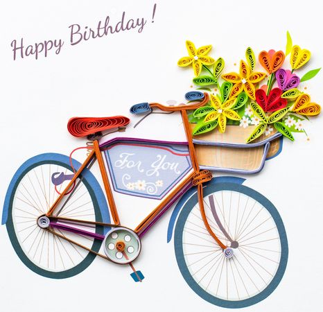 Paper Quilling Karte Fahrrad Happy Birthday / violett