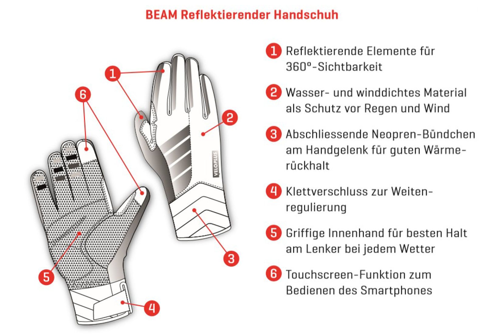 BEAM reflektierende Unisex-Thermo-Handschuhe / schwarz / XS=6