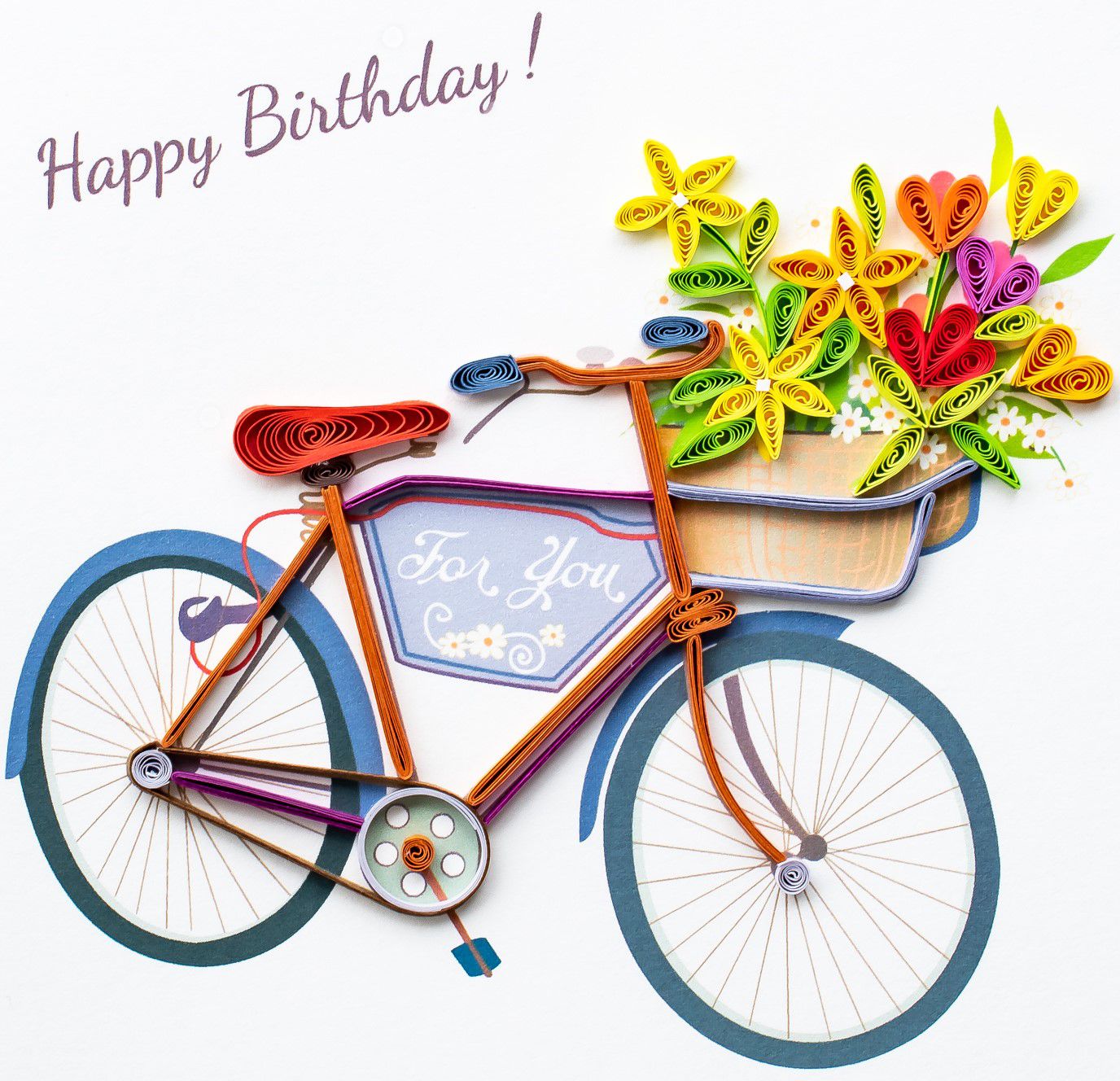 Paper Quilling Karte Fahrrad Happy Birthday / violett