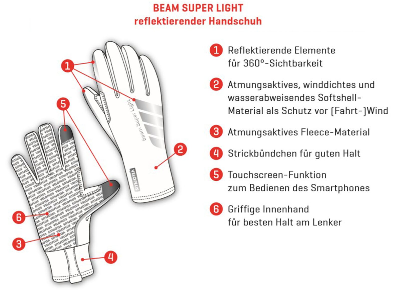 BEAM SUPER LIGHT reflektierende Unisex-Softshellhandschuhe / schwarz / XS