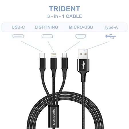 TRIDENT Ladegabel / black / 1m, USB-C, Micro-USB, Lightning